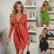 Fashionable solid color long sleeved knitted V-neck dress