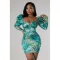 Fashionable printed bubble sleeve wrap chest and buttocks dress