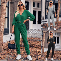 Fashionable casual V-neck V-neck long sleeved belt waist up jumpsuit
