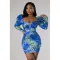 Fashionable printed bubble sleeve wrap chest and buttocks dress