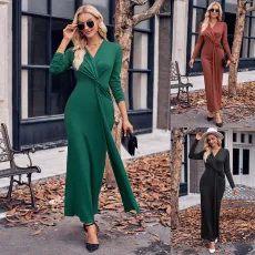 Fashion V-neck Solid Twisted Waist Long Sleeve Dress