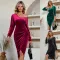 Fashionable V-neck solid color waistband velvet dress