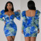 Fashionable printed bubble sleeve wrap chest and buttocks dress