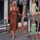 Fashion casual V-neck solid color waist tied long sleeved dress