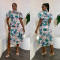 Fashion Printed Short Sleeve Split Long Dress