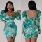 Fashionable printed bubble sleeve wrap chest and buttocks dress