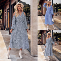 Fashion casual off shoulder printed V-neck long sleeved dress