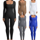 Solid color long sleeved tank top jumpsuit with threaded square neck, open back and buttocks, slim fitting sports jumpsuit