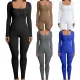 Solid color long sleeved tank top jumpsuit with threaded square neck, open back and buttocks, slim fitting sports jumpsuit