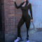 Solid color long sleeved tank top jumpsuit with threaded square neck, open back and buttocks, slim fitting sports jumpsuit