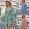 Fashion casual printed V-neck tie waist long sleeved dress