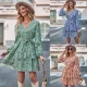 Fashion casual printed V-neck tie waist long sleeved dress