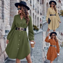 Fashionable V-neck solid color cardigan long sleeved belt dress