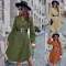 Fashionable V-neck solid color cardigan long sleeved belt dress