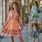 Fashionable V-neck waistband long sleeved dress