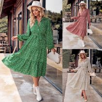 Fashionable casual printed tie waist long sleeved shirt dress