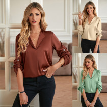Fashion V-neck casual solid color loose fitting long sleeved top