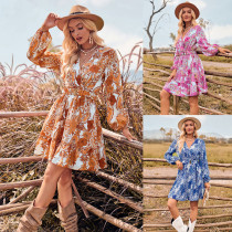 Fashionable V-neck belt long sleeved dress