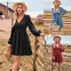 Fashionable V-neck casual waistband long sleeved dress