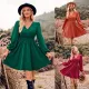 Casual V-neck Long sleeved Waist Wrapped Fashion Dress