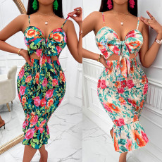 Fashionable printed buttocks cut out suspender dress