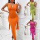 Fashionable V-neck solid color waistband sleeveless hip wrap dress