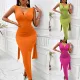 Fashionable V-neck solid color waistband sleeveless hip wrap dress