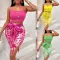 Fashion printed waist tied sleeveless slim fitting skirt set
