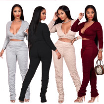 Fashion V-neck top and pants with pleated two-piece set