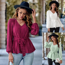 Fashion casual V-neck tied waist slim fitting long sleeved top
