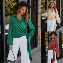 Fashion casual solid V-neck trendy ribbon top