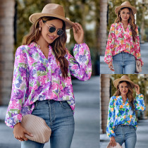 Fashion V-neck printed long sleeved slim fitting top