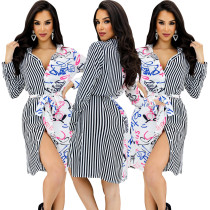 Sexy and fashionable digital printed cardigan with tie up dress