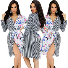 Sexy and fashionable digital printed cardigan with tie up dress