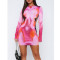 Fashionable printed line slimming round neck long sleeved dress