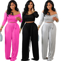 Fashion autumn solid color off shoulder long sleeved wide leg pants two-piece set