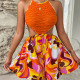 Fashionable hollow out bright color hanging neck jumpsuit