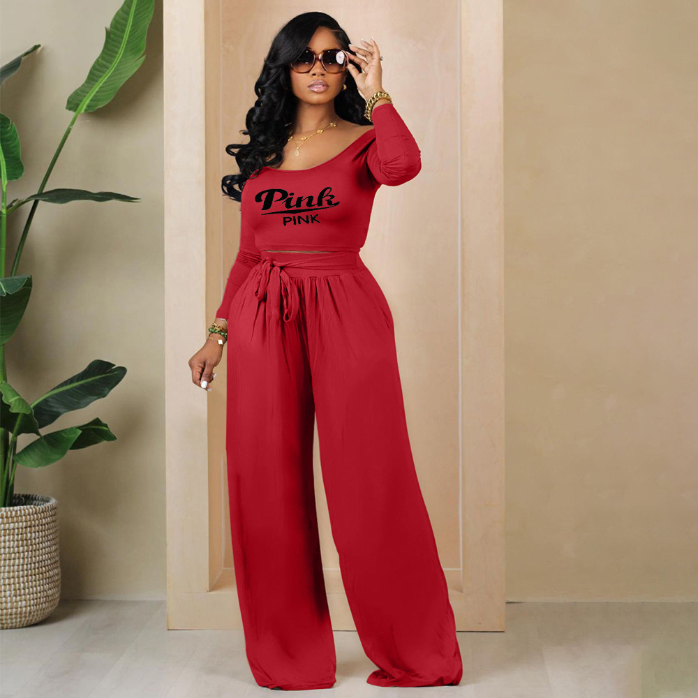 Fashion Large Knitted Lace up Wide Leg Two Piece Set