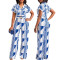 Sexy printed short sleeved V-neck button up jumpsuit