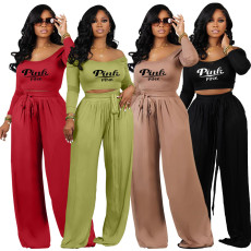 Fashion Large Knitted Lace up Wide Leg Two Piece Set