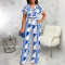 Sexy printed short sleeved V-neck button up jumpsuit
