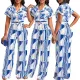 Sexy printed short sleeved V-neck button up jumpsuit