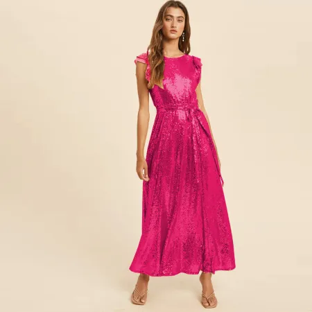 Sexy Sleeveless Waistband Round Neck Sequin Dress