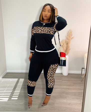 New Leopard Pattern Pants Set, European and American Fashion Long Sleeve Two Piece Set