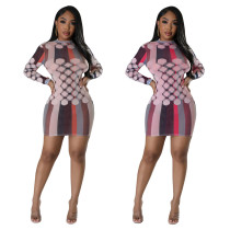Fashion printed line round neck long sleeved dress
