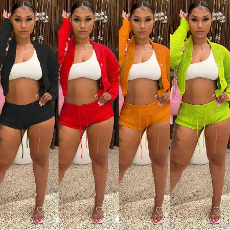 Fashion Knitted Hand Hook Cardigan Shorts Long Sleeve Drawstring Set