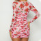 Printed Sexy Square Neck Long Sleeve Waist Fold Wrapped Hip Dress