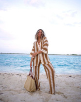 Fashion hollow out perspective lapel knit pants set