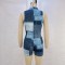 Fashion casual denim print waist up and buttocks up jumpsuit