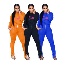 Popular Alphabet Printed Long Sleeve Trouser Hem Split Two Piece Set
